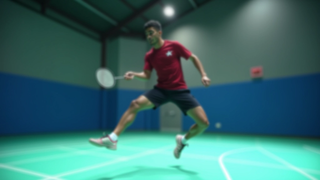 لاعب كرة الريشة يؤدي تقنية السبليت ستيب على الملعب